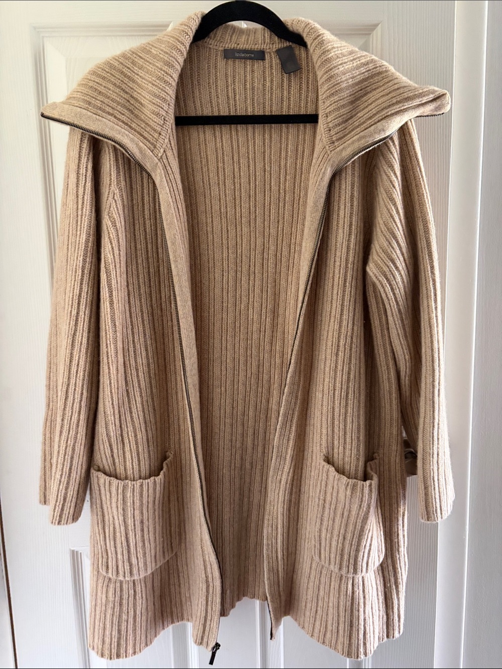 Liz Claiborne 💯 lambswool Ribbed zipper Open-Front Cardigan in Beige